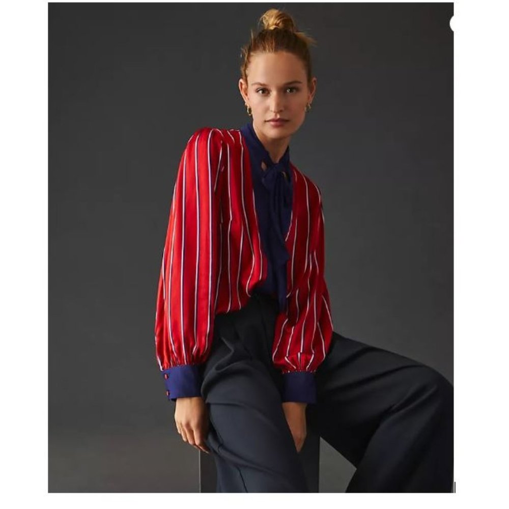 Anthropologie Red Striped Blouse with Navy Trim